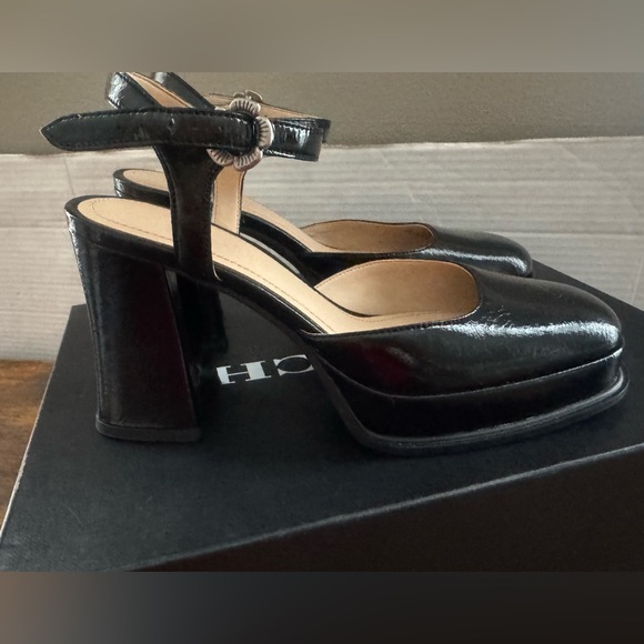$195 Coach Tea Rose glazed black leather platform pumps size 6 - Picture 4 of 6